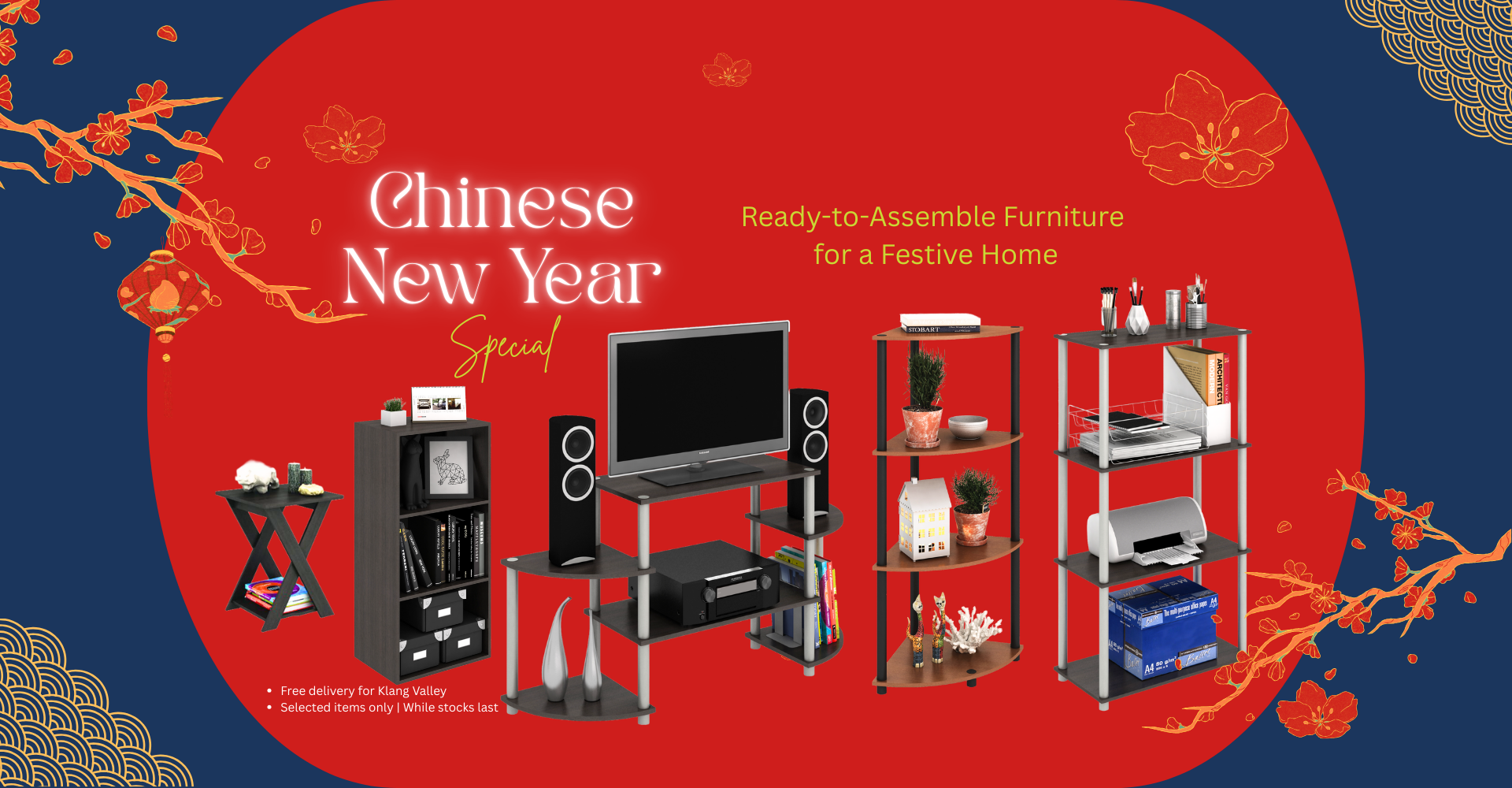 chinese new year special promo banner on ready to assemble furniture